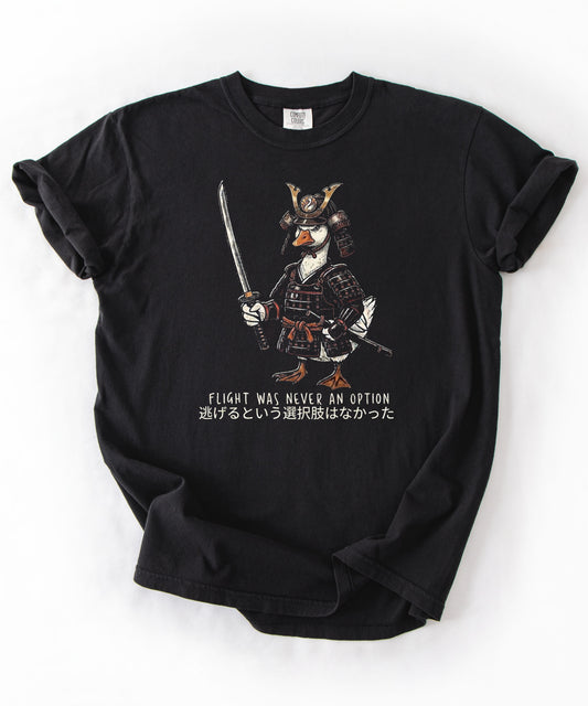 Silly Goose Samurai T-Shirt in Black — Flight Was Never an Option graphic tee with Japanese text, garment-dyed heavyweight cotton