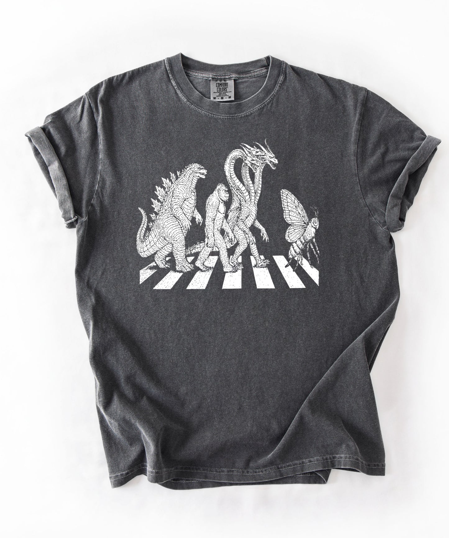 Abbey Road monster parody graphic tee in Pepper — Kaiju, Bigfoot, Hydra and Queen Bee crossing the street