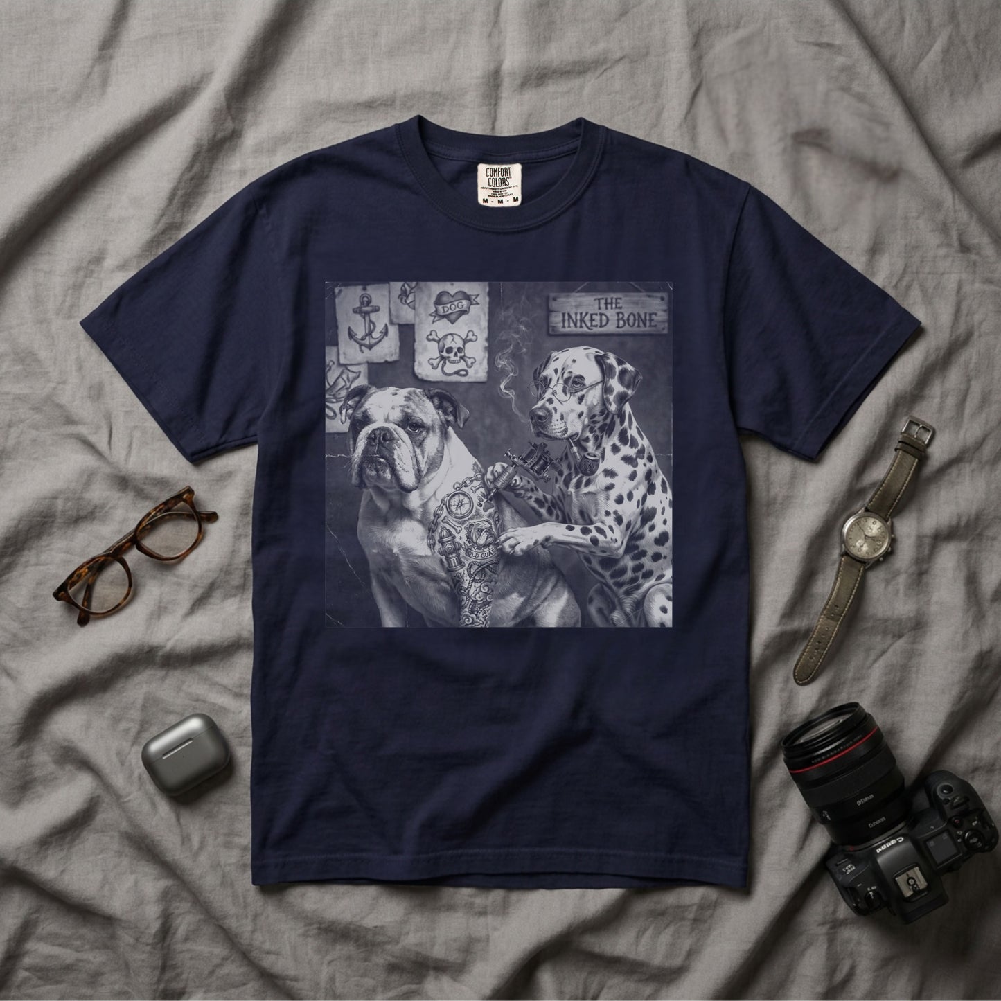 True navy garment-dyed t-shirt with Bulldog and Dalmatian tattoo artist vintage graphic — The Inked Bone, relaxed fit heavyweight tee