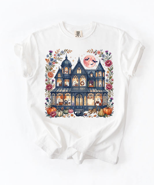 Haunted Mansion Halloween T-Shirt in White — Victorian ghost house with pumpkins, fall florals & full moon graphic tee