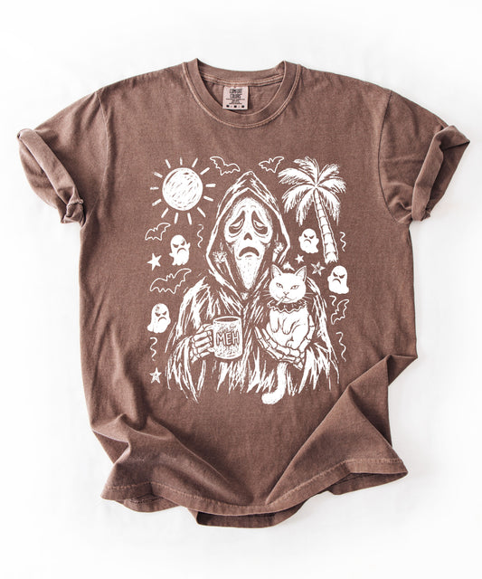 Cat gang ghostface reaper holding cats and MEH mug sketch graphic on Espresso Comfort Colors tee