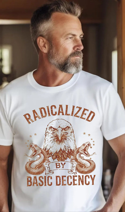 Radicalized by Basic Decency White garment-dyed graphic tee โ eagle and snake vintage design, Comfort Colors 1717