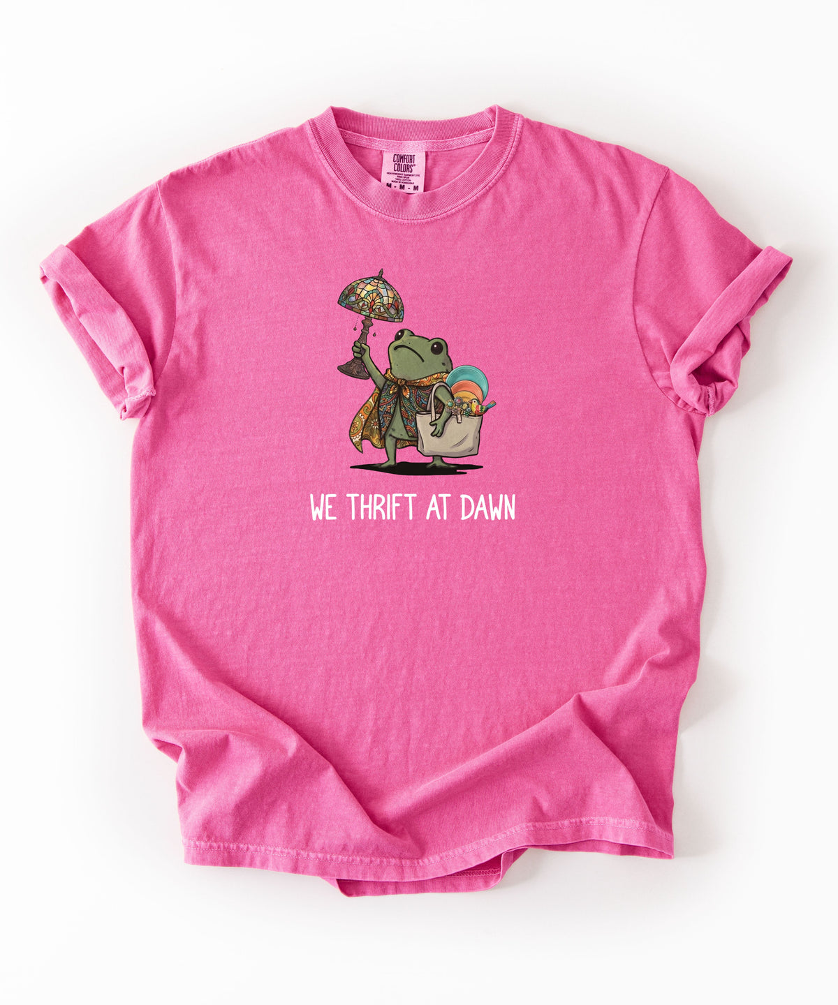 We Thrift at Dawn frog graphic tee in Crunchberry — vintage camping thrift haul design