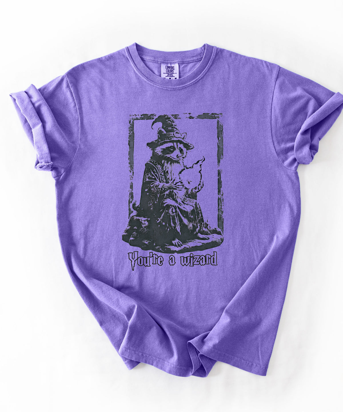 Funny wizard raccoon graphic tee in Violet, vintage engraving style with "You're a Wizard Harry" text