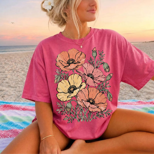 Floral Poppy Bouquet T-Shirt — Vintage Wildflower Graphic Tee