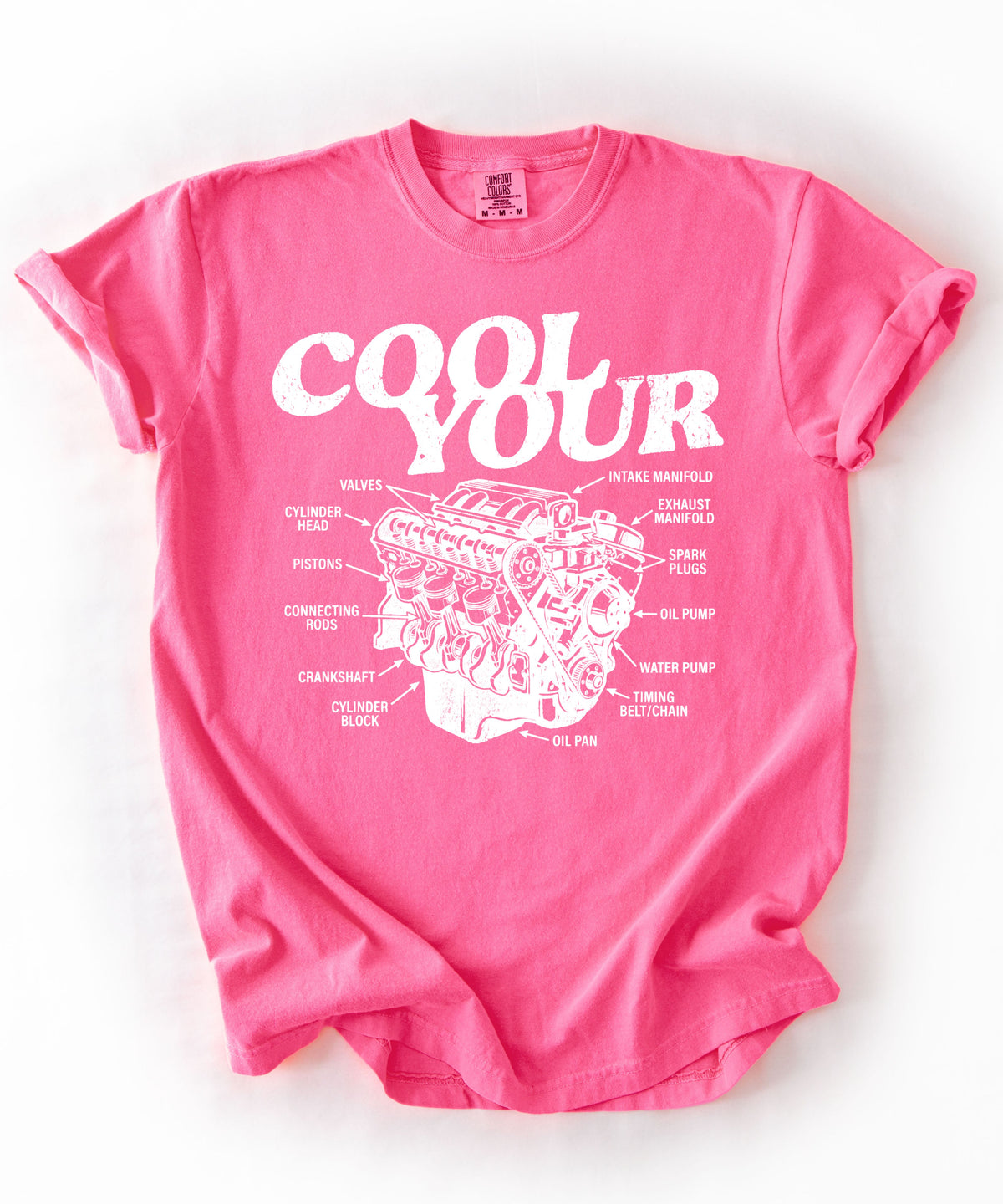 Cool your engine mechanic graphic tee in Neon Pink— vintage automotive illustration shirt