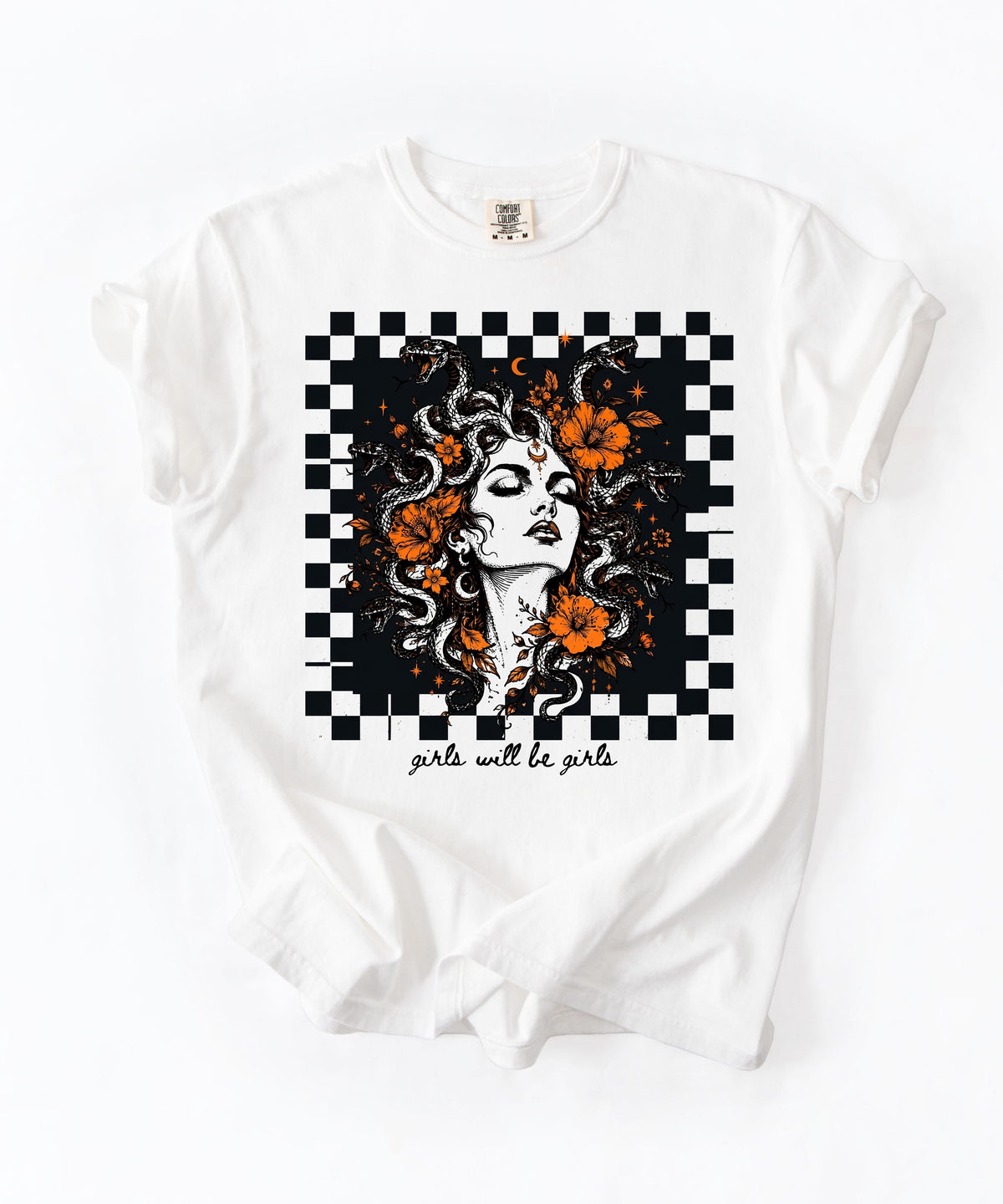 White Girls Will Be Girls Medusa tee — yellow feminist floral graphic tee