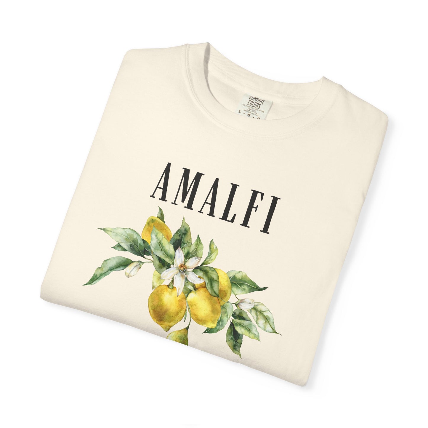 ivory t-shirt with 'Amalfi Coast Italia' design featuring lemons and leaves on a white background.