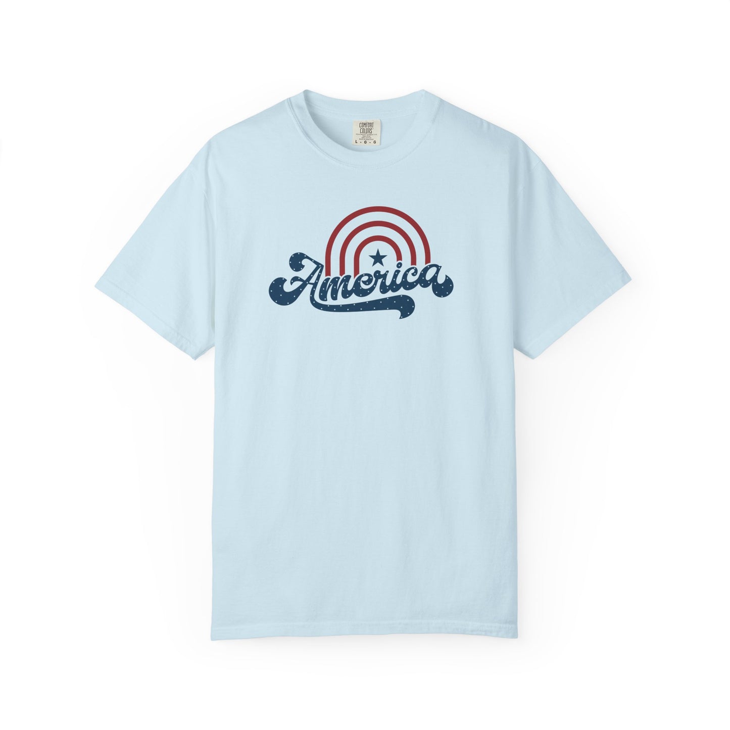 chambray t-shirt with 'America' graphic design on a white background