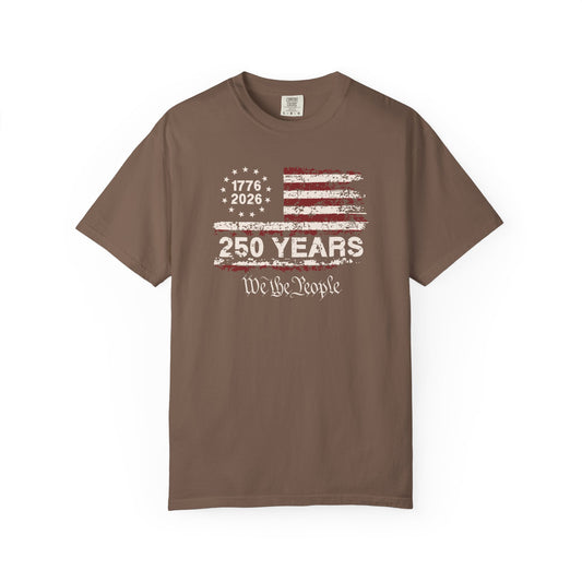 espresso t-shirt with a white footprint graphic and text on a white background