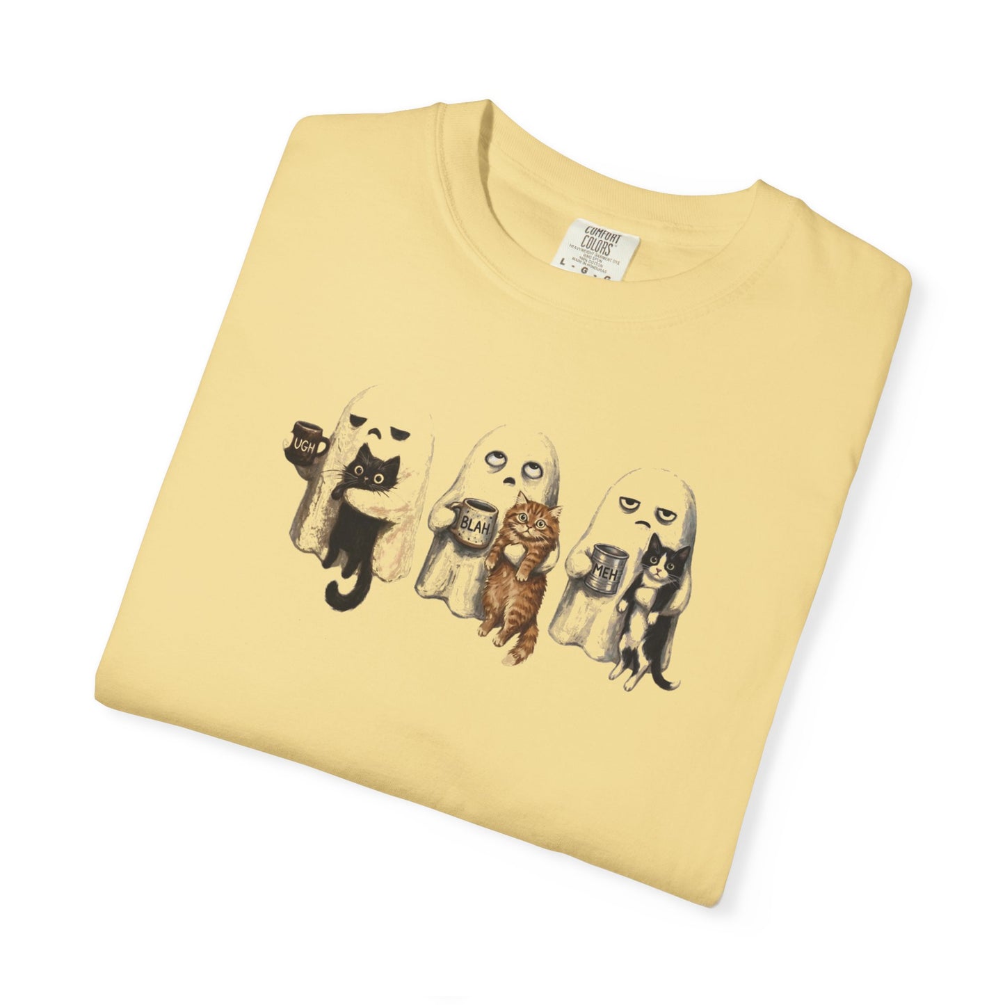 Folded Butter Ghost Cat graphic tee showing three grumpy ghosts holding cats and UGH BLAH MEH coffee mugs — funny Halloween cat shirt