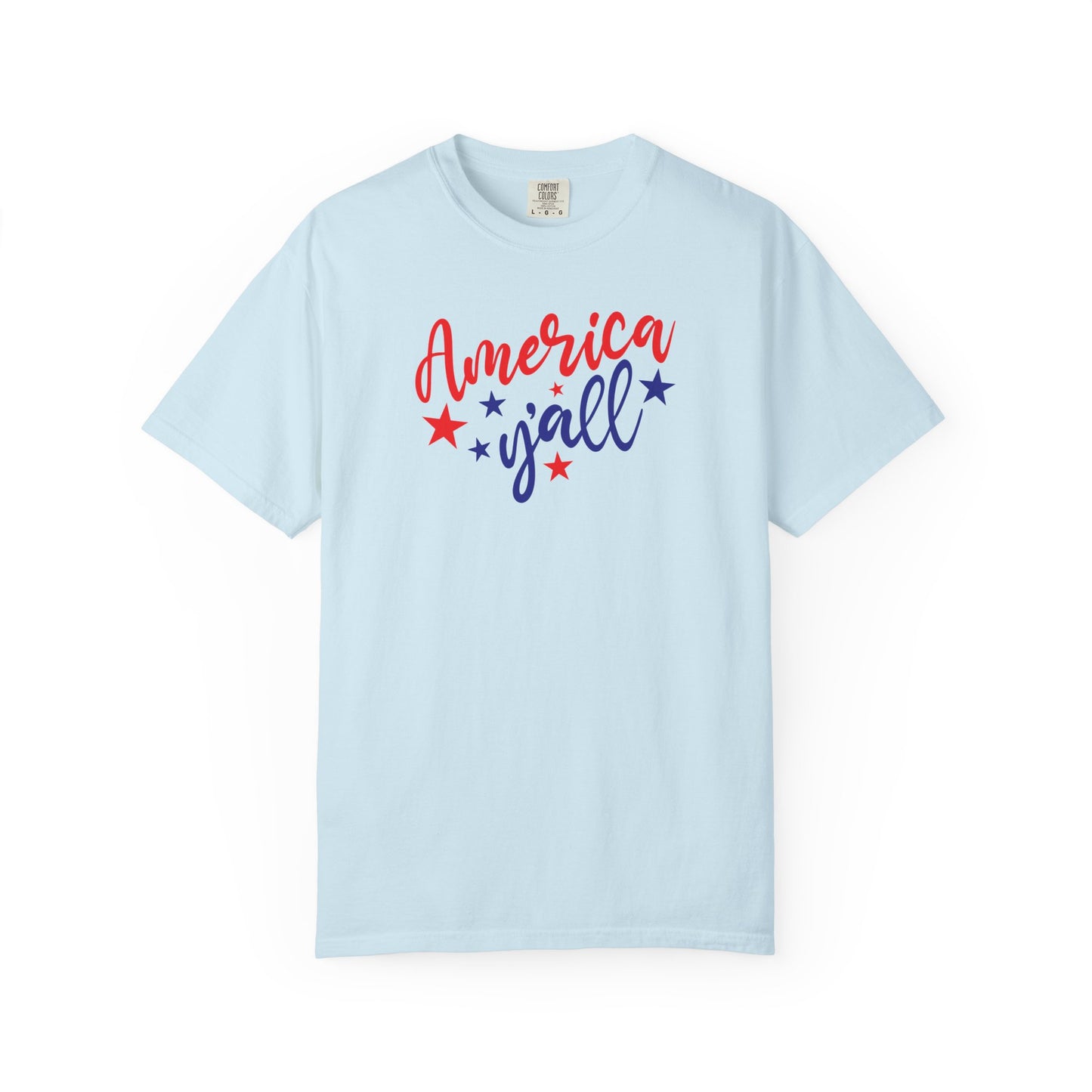 chambray t-shirt with 'America y'all' text and stars on a white background