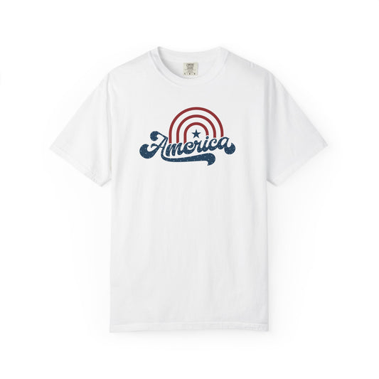 White t-shirt with 'America' graphic design on a white background
