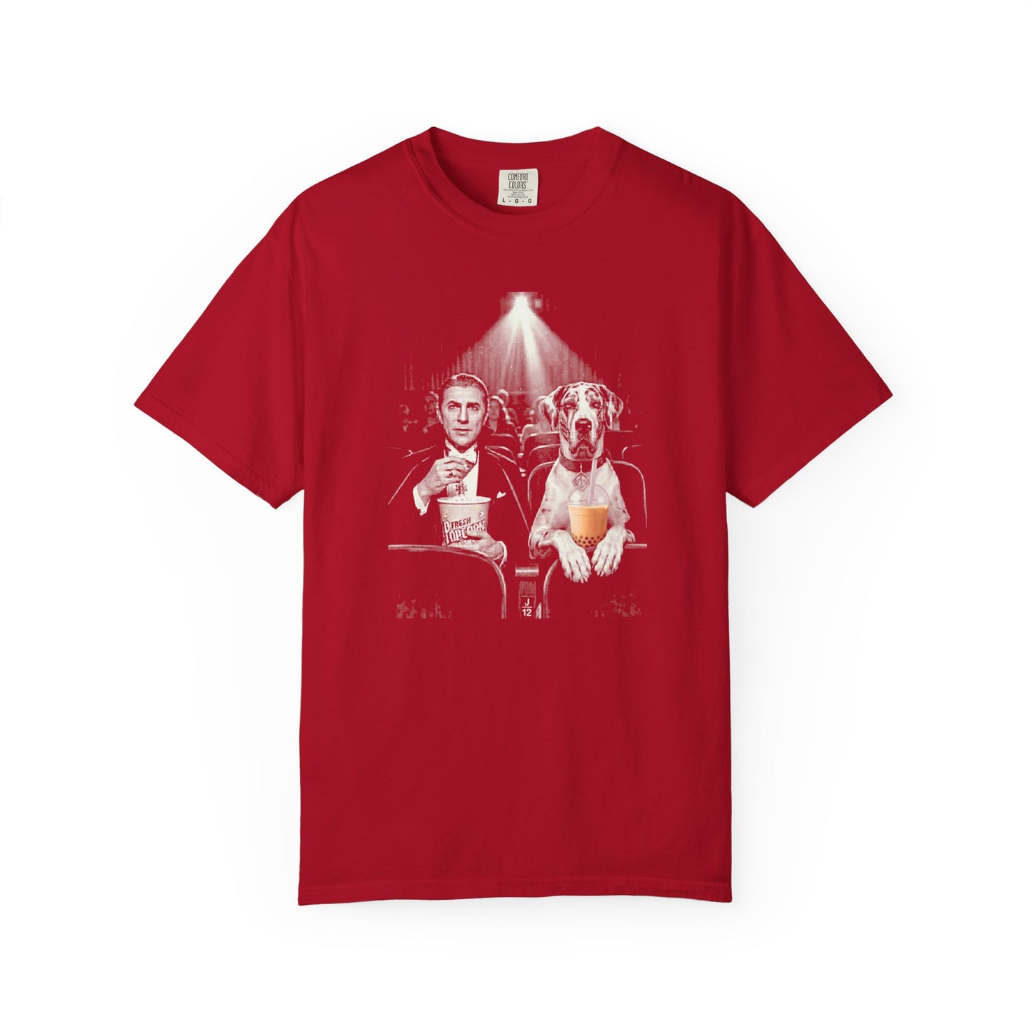 Movie Night Dracula & Great Dane T-Shirt Scary Movie Dog Graphic Tee – Red