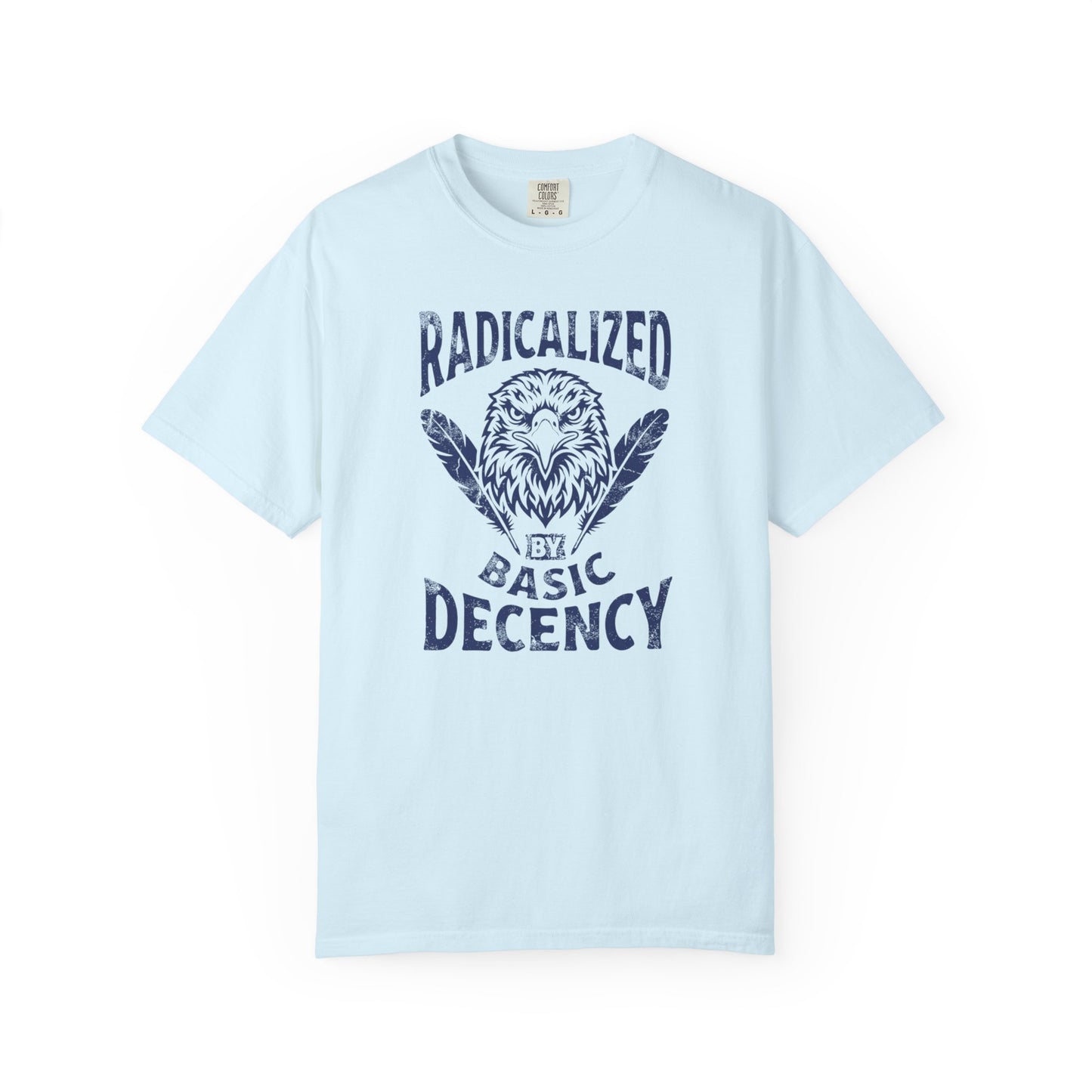 Radicalized by Basic Decency T-Shirt in Chambray— vintage Americana eagle protest graphic tee, garment dyed