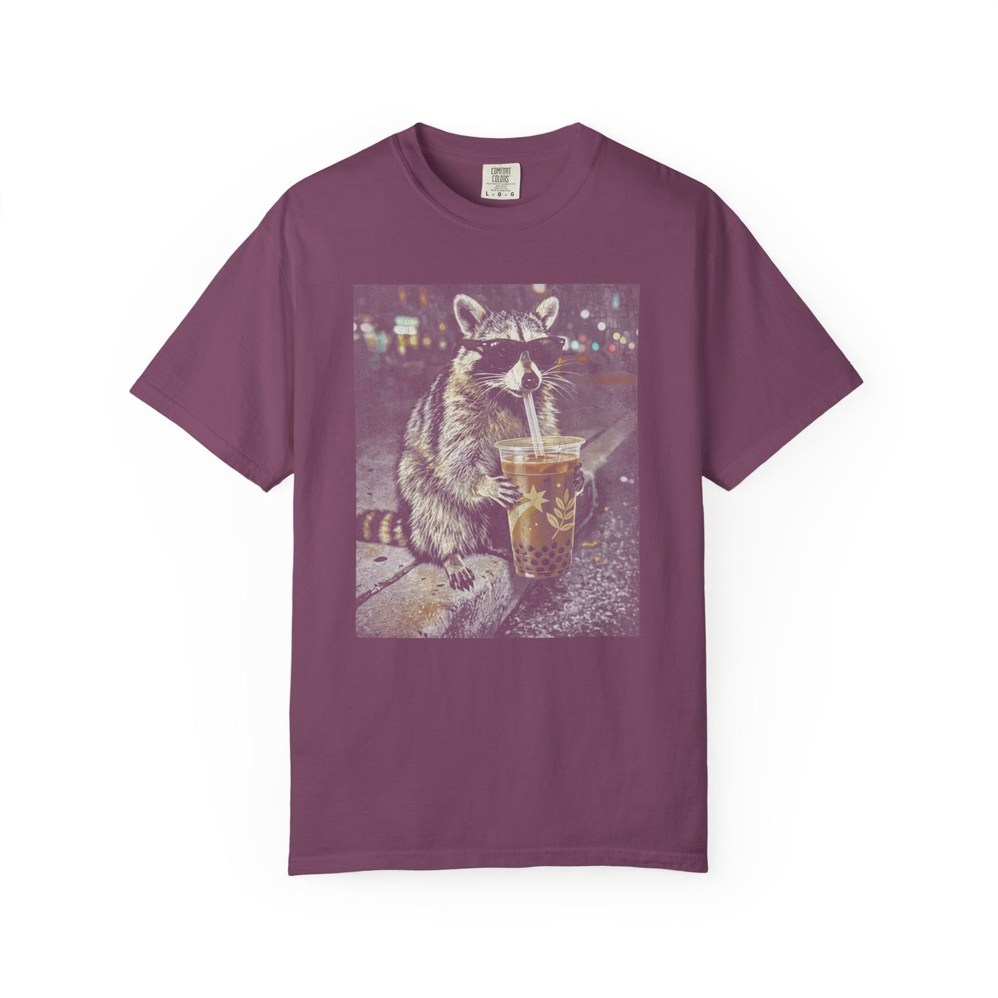 Berry t-shirt with a raccoon drinking beer graphic on a white background