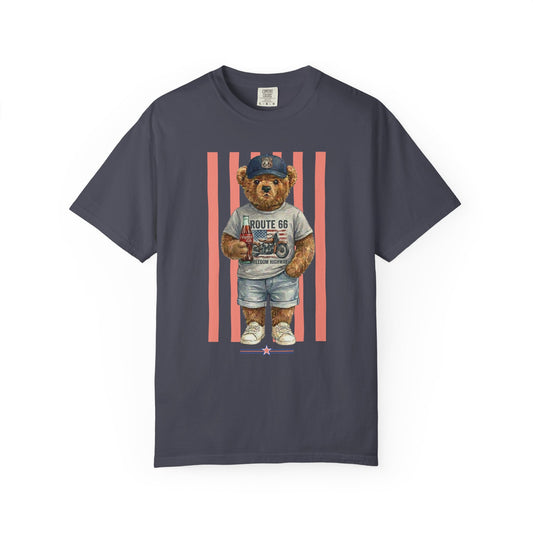 navy t-shirt with a bear graphic and 'Route 66' text on a gray background