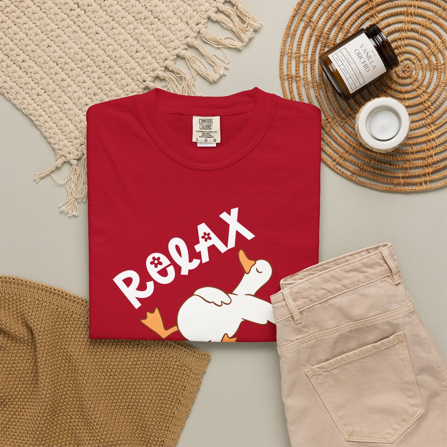Silly Goose Relax Nothing Is Under Control T-Shirt in Red garment-dyed graphic tee