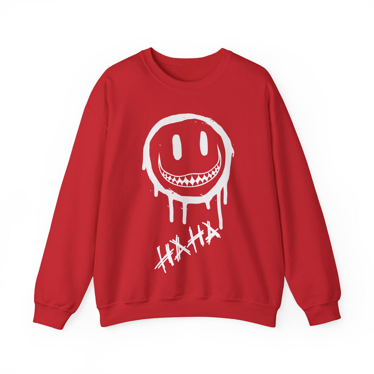 A red crewneck sweatshirt featuring a white dripping smiley face graphic with sharp teeth and the word 'HAHA' written below in a jagged white font, displayed on a clean white background.