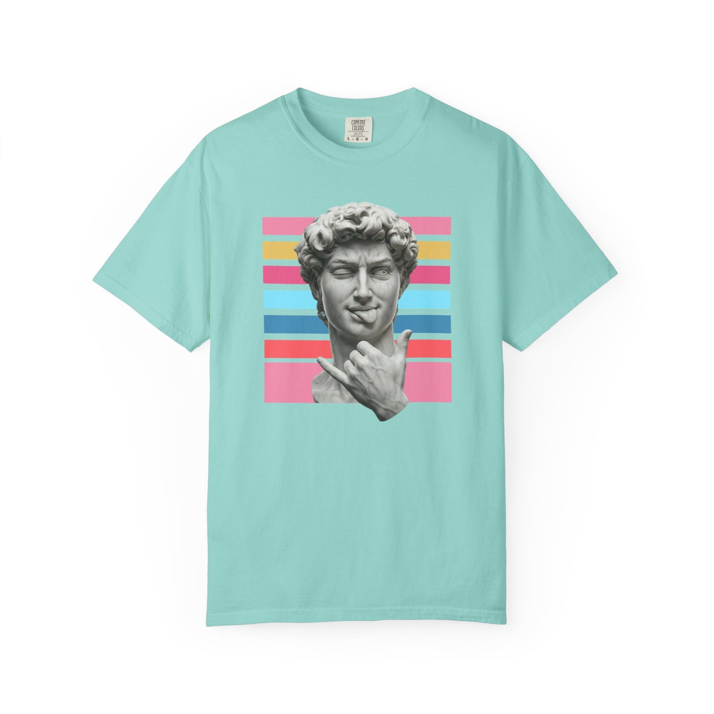 Winking David Statue Graphic T-Shirt — Retro Art Tee with Color Stripe