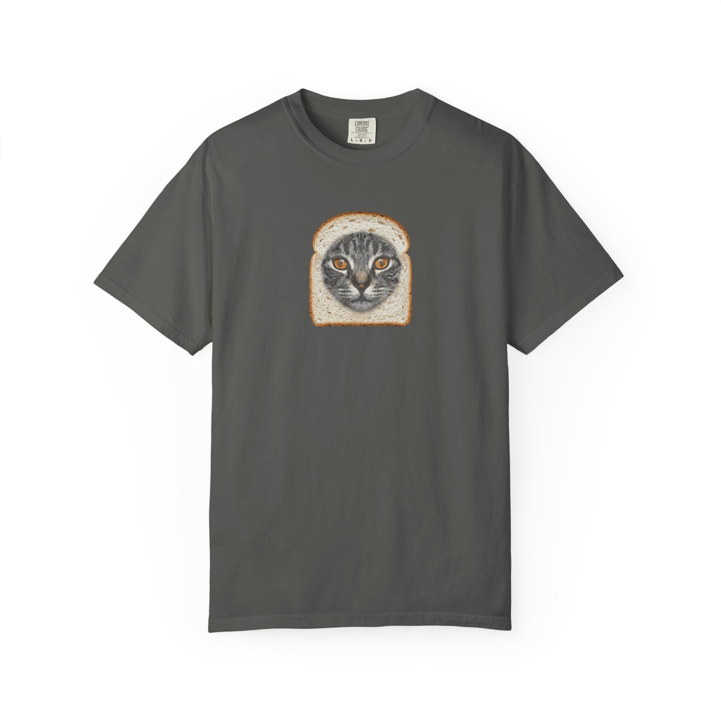 pepper t-shirt with graphic of cat sticking out a bread loaf on a white background