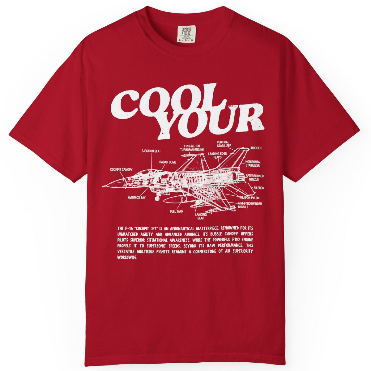Cool your jets aviation graphic tee in Red — vintage F-16 diagram shirt by GodaStudio