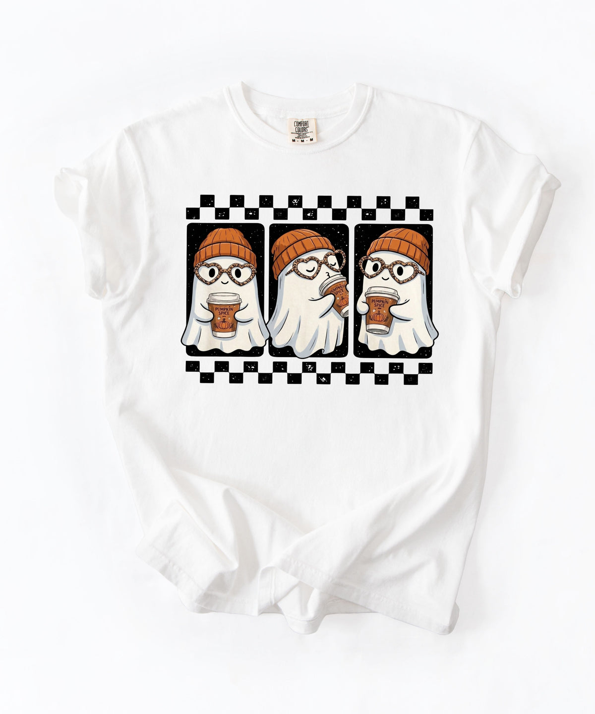 Ghost pumpkin spice coffee t-shirt in white — cute beanie ghost graphic tee for fall
