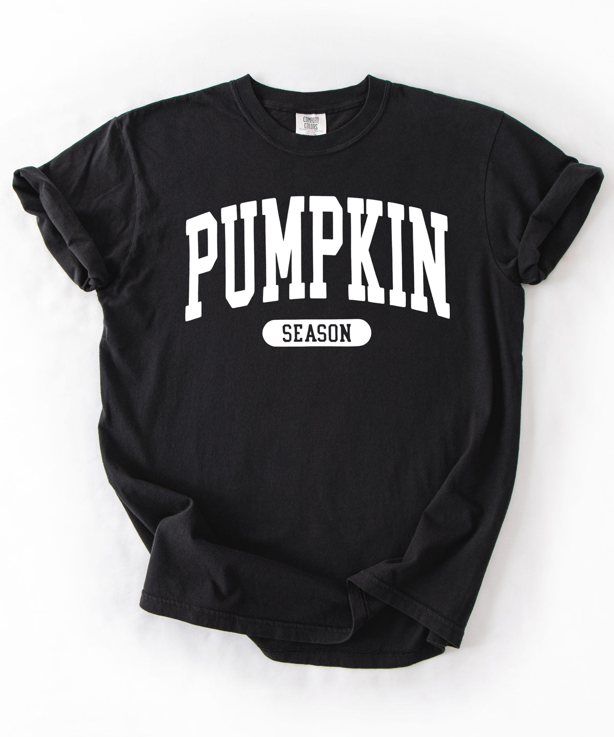 Pumpkin Season T-Shirt in Black – garment-dyed graphic tee with collegiate lettering