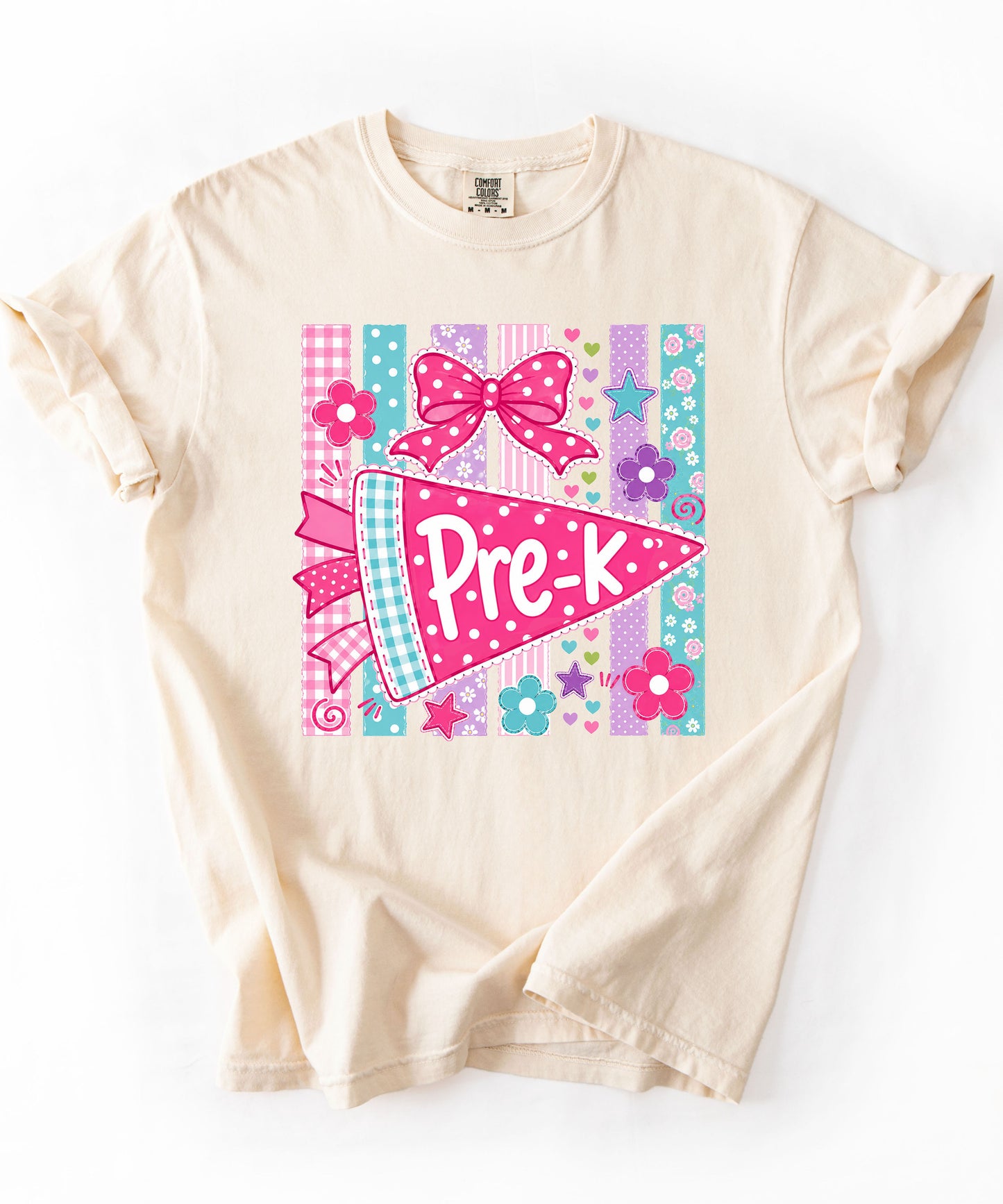 Pre-K Pennant Tee in Ivory — garment-dyed preschool teacher shirt with pink pennant graphic