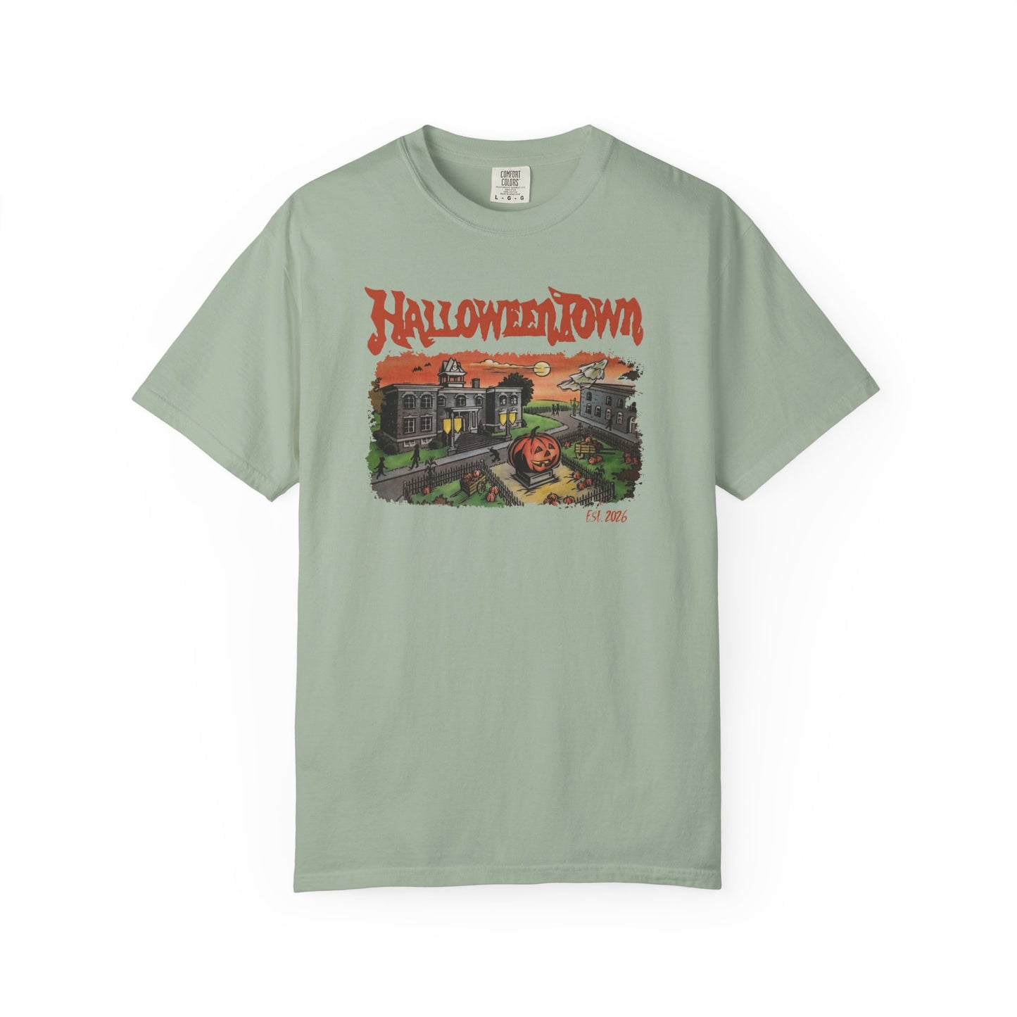 Halloweentown University T-Shirt in Bay — retro spooky campus graphic tee, garment dyed