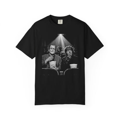 Frankenstein & Wolf Man Scary Movie Night T-Shirt in Black — garment-dyed horror movie tee
