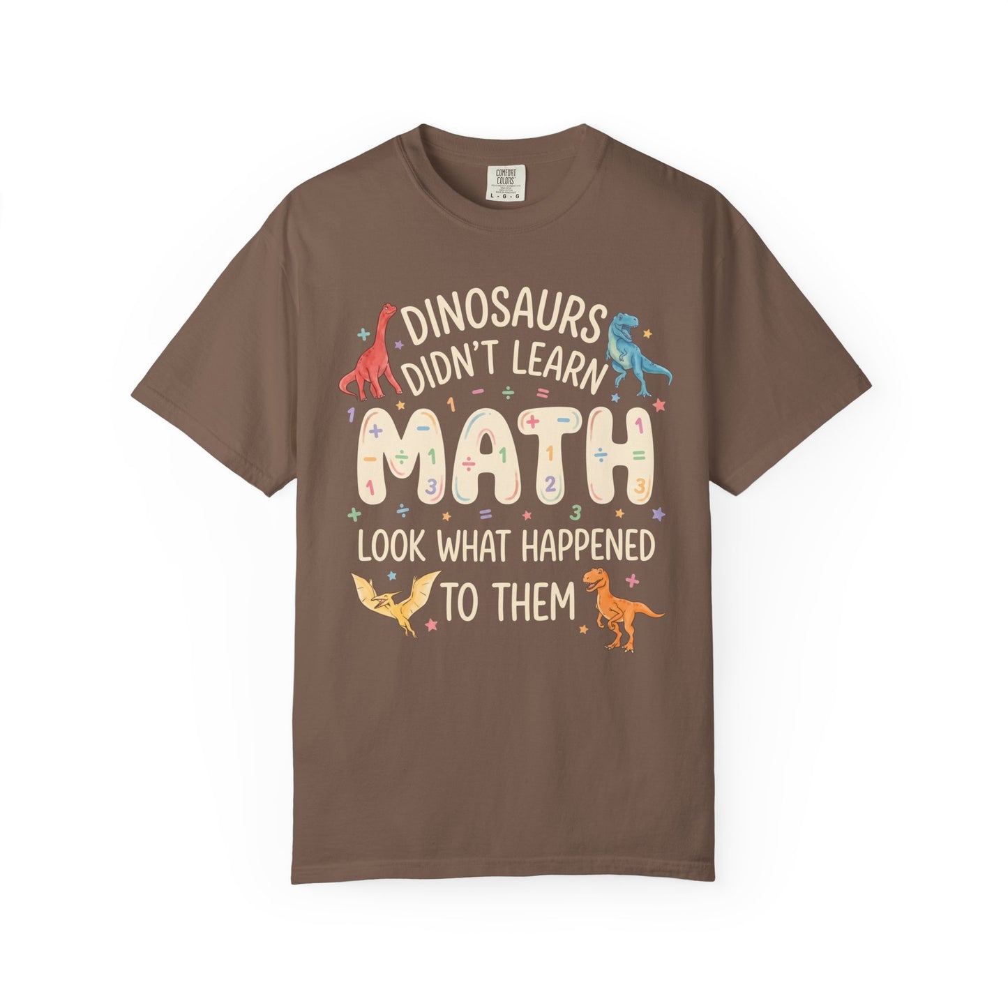 espresso t-shirt with dinosaur graphic and text on a white background