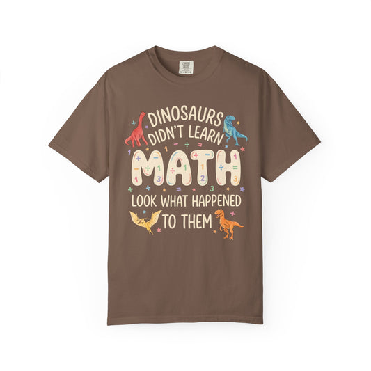 espresso t-shirt with dinosaur graphic and text on a white background