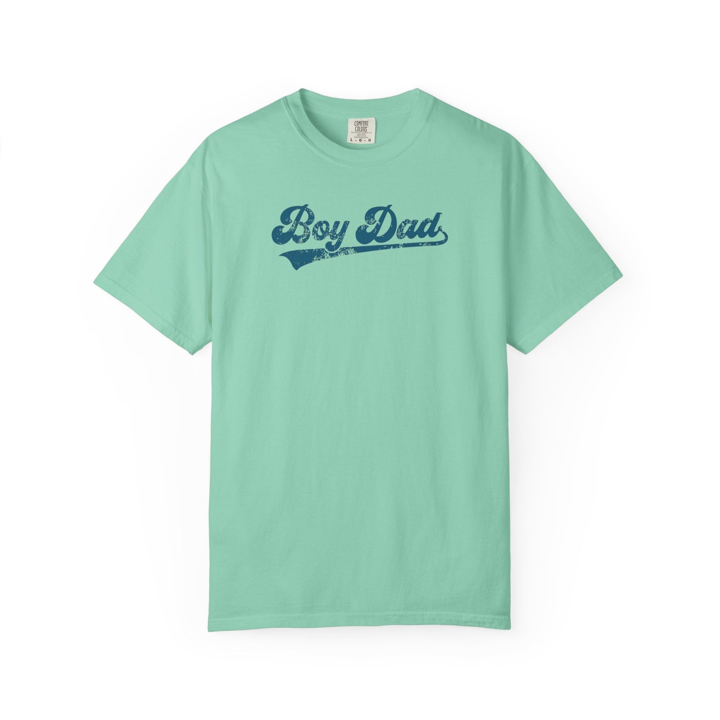 island reef green t-shirt with 'Boy Dad' text on a white background