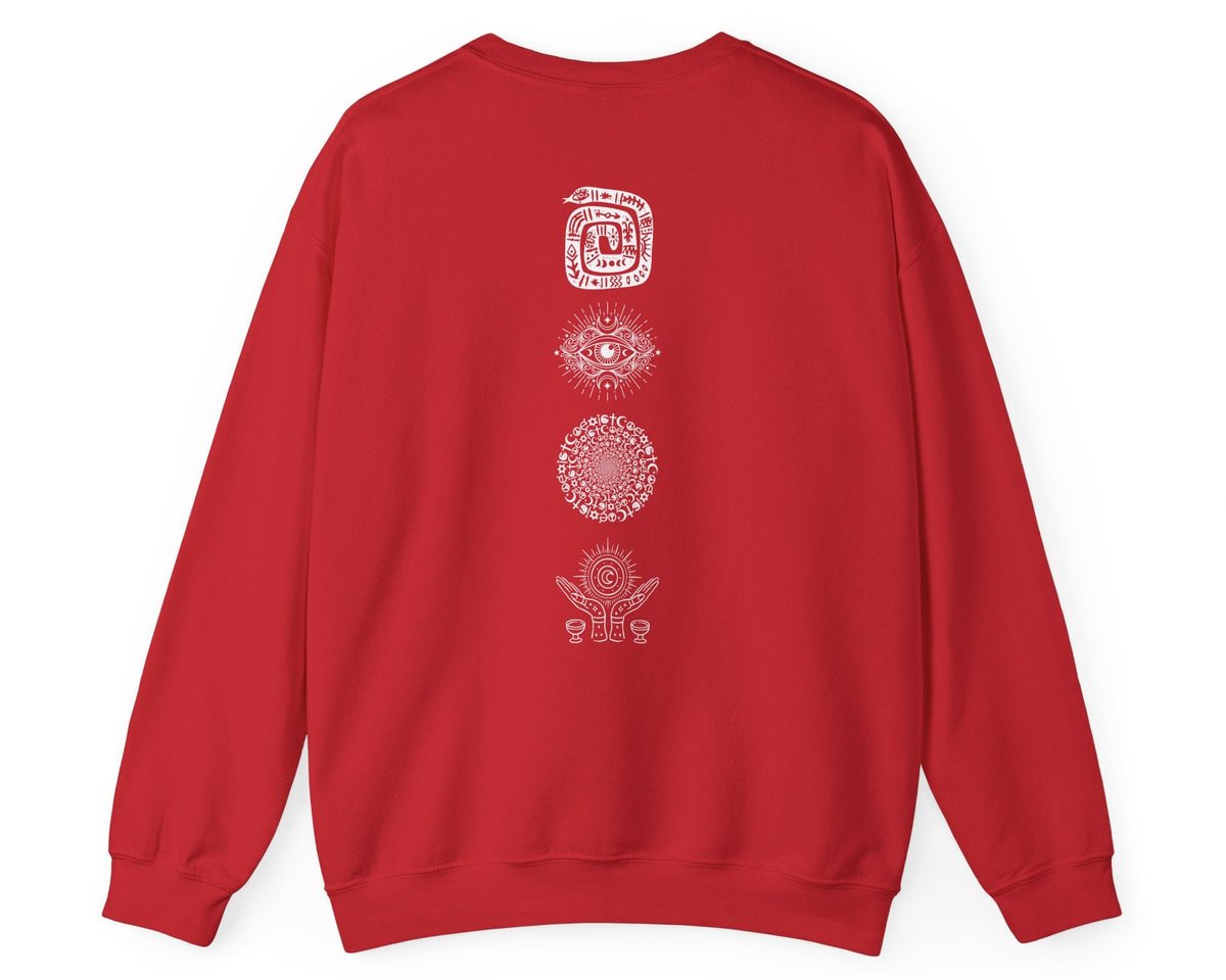 Midnight Margaritas crewneck sweatshirt in Red — front cocktail graphic and occult cottagecore symbols on back, including COEXIST