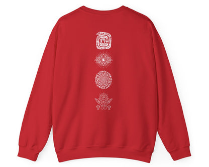 Midnight Margaritas crewneck sweatshirt in Red — front cocktail graphic and occult cottagecore symbols on back, including COEXIST