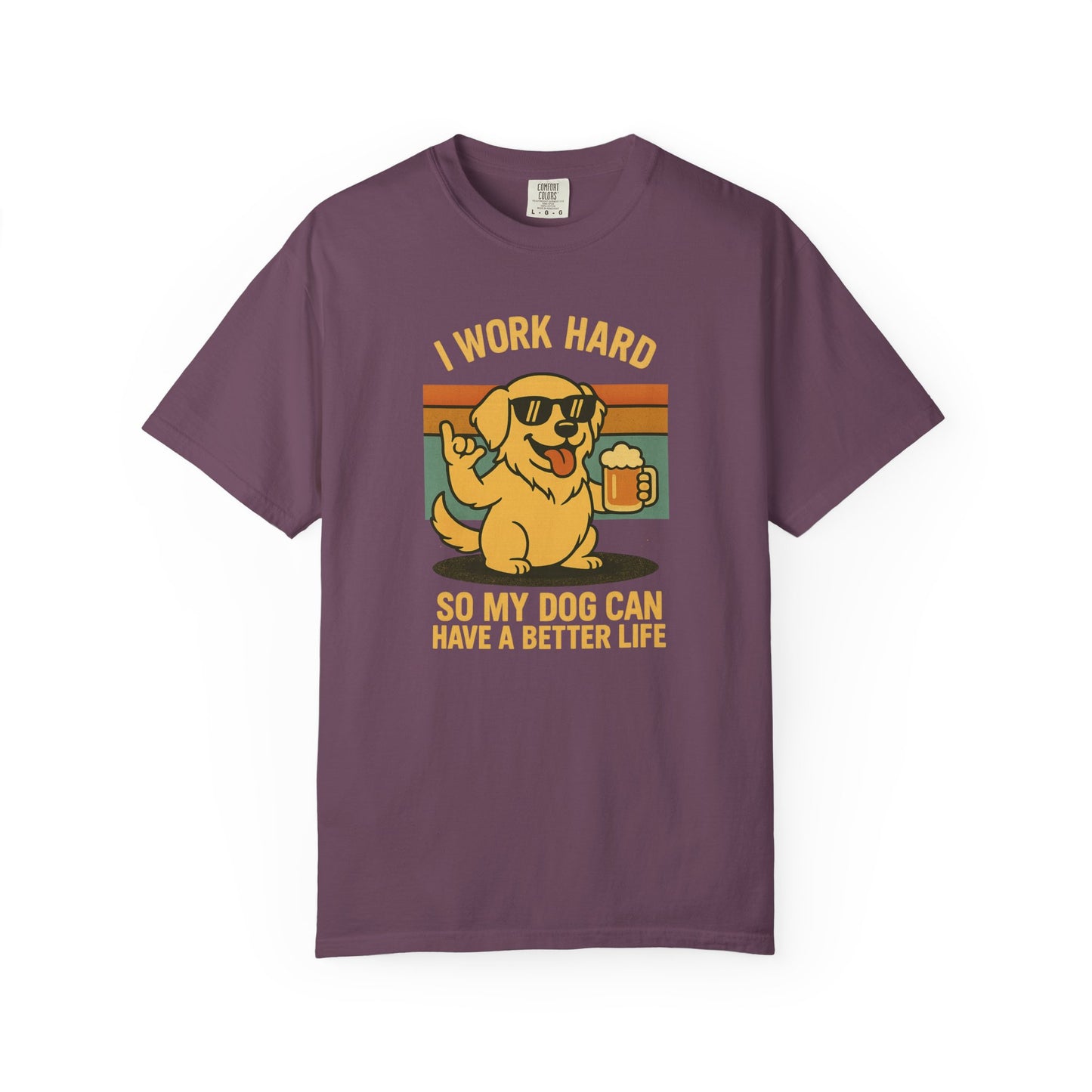 Purple t-shirt with a dog graphic and text on a white background