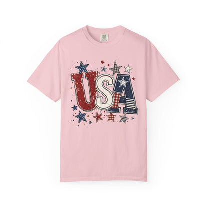 USA Patriotic graphic t-shirt  in blossom— garment-dyed unisex tee with distressed stars and stripes


