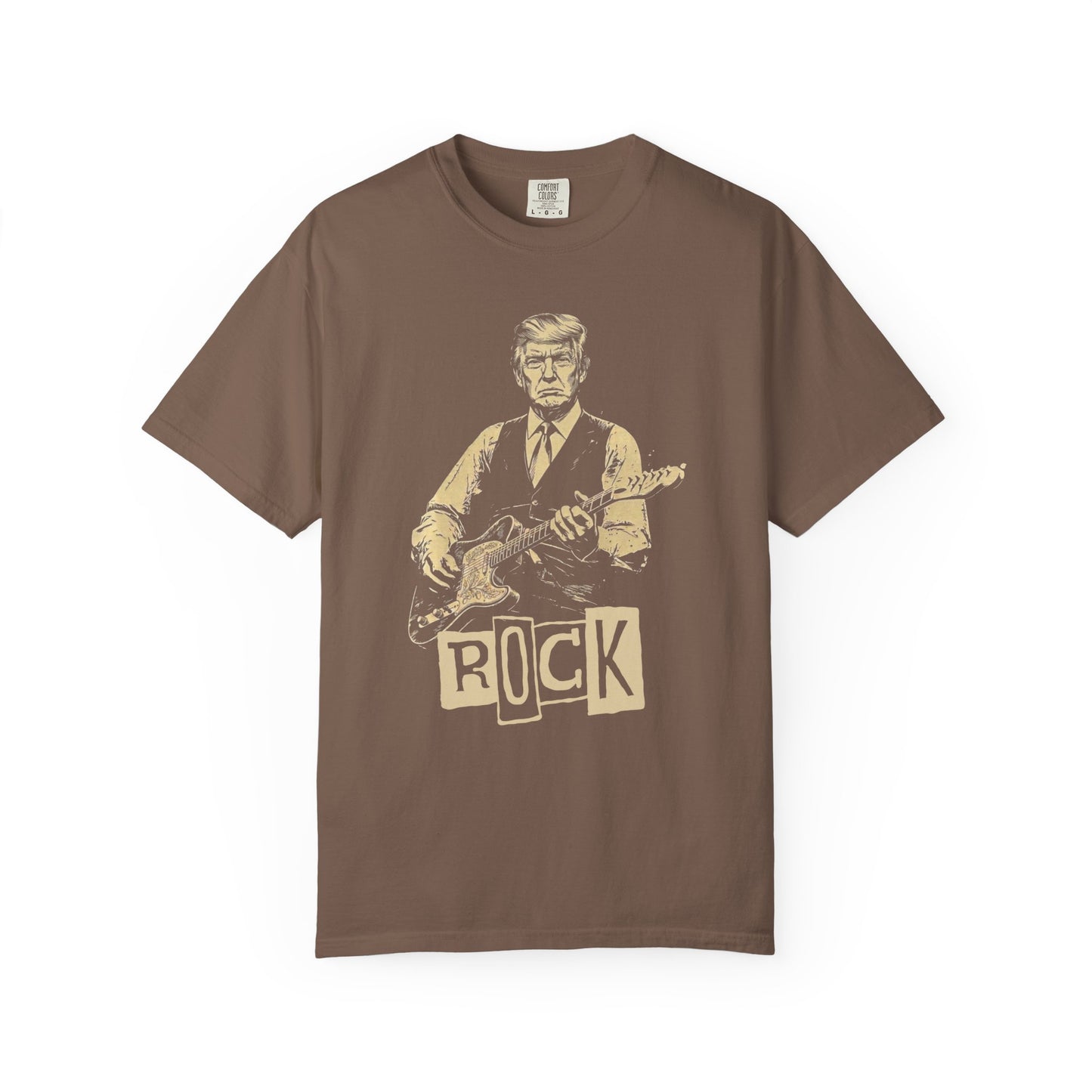  an espresso t-shirt with a graphic of president trump playing guitar and the word 'ROCK'.