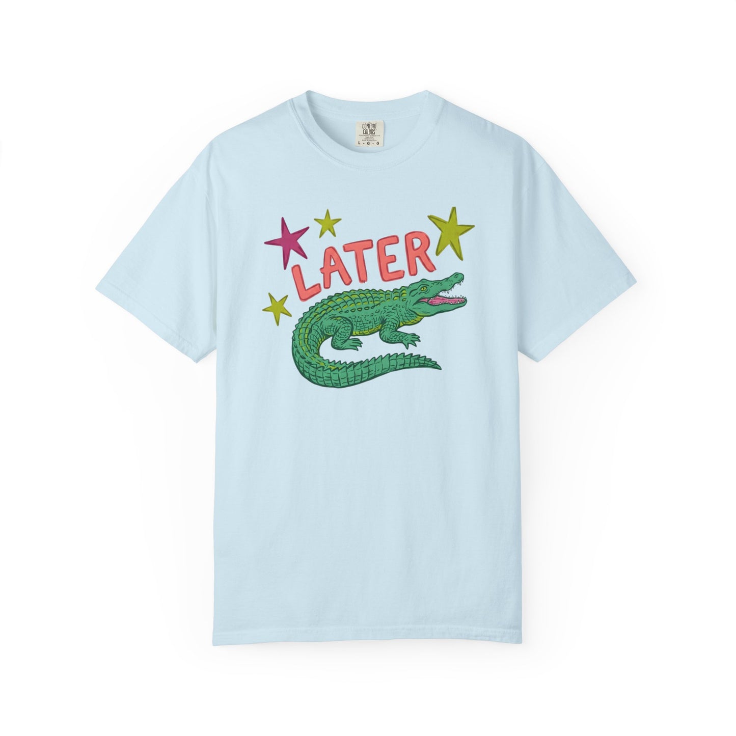 chambray t-shirts with alligator graphics on front "later gator" and the text on back i"n a while crocodile"a plain background