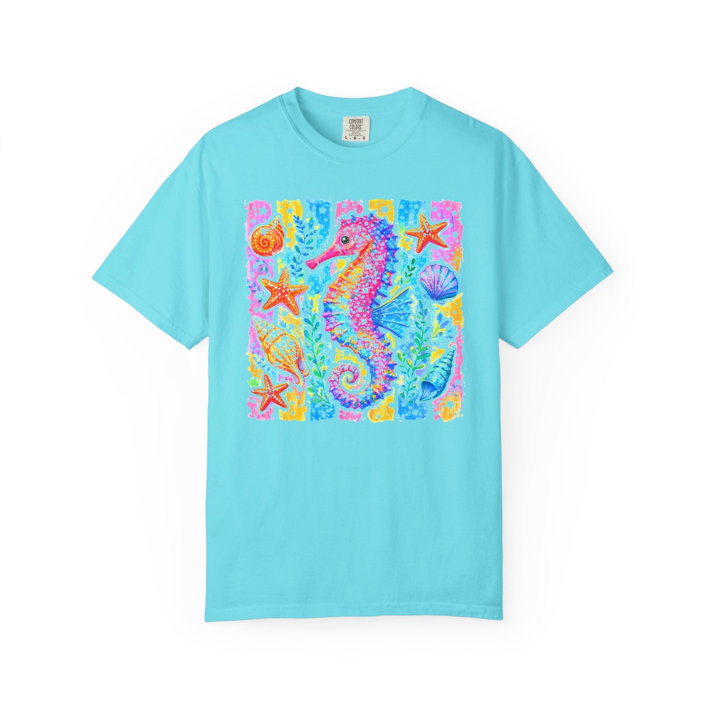 Seahorse Beach Art T-Shirt in Lagoon Blue — watercolor seahorse with shells and starfish graphic, garment-dyed comfort colors tee
