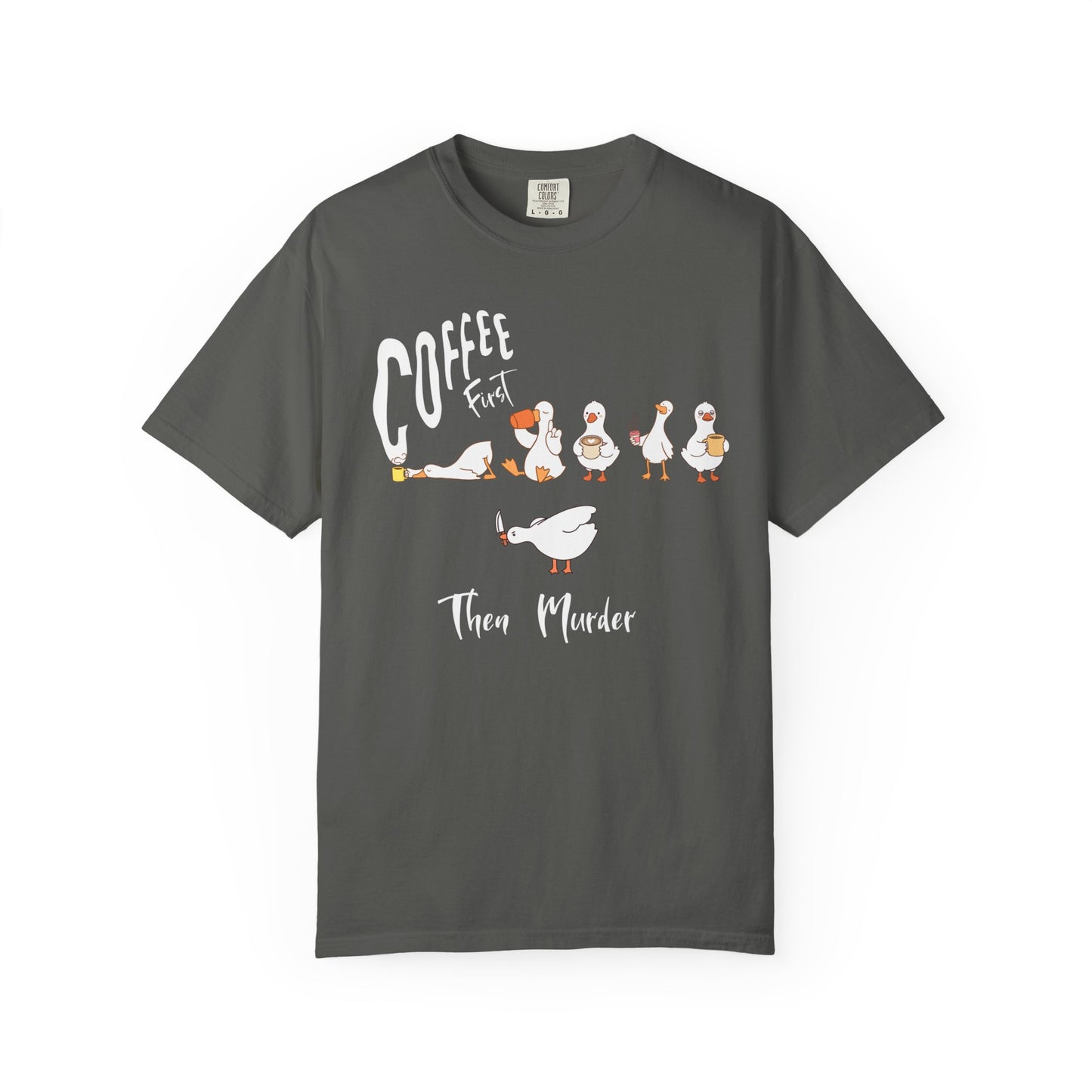 Silly Goose Coffee First t-shirt in Pepper — garment-dyed heavyweight cotton tee
