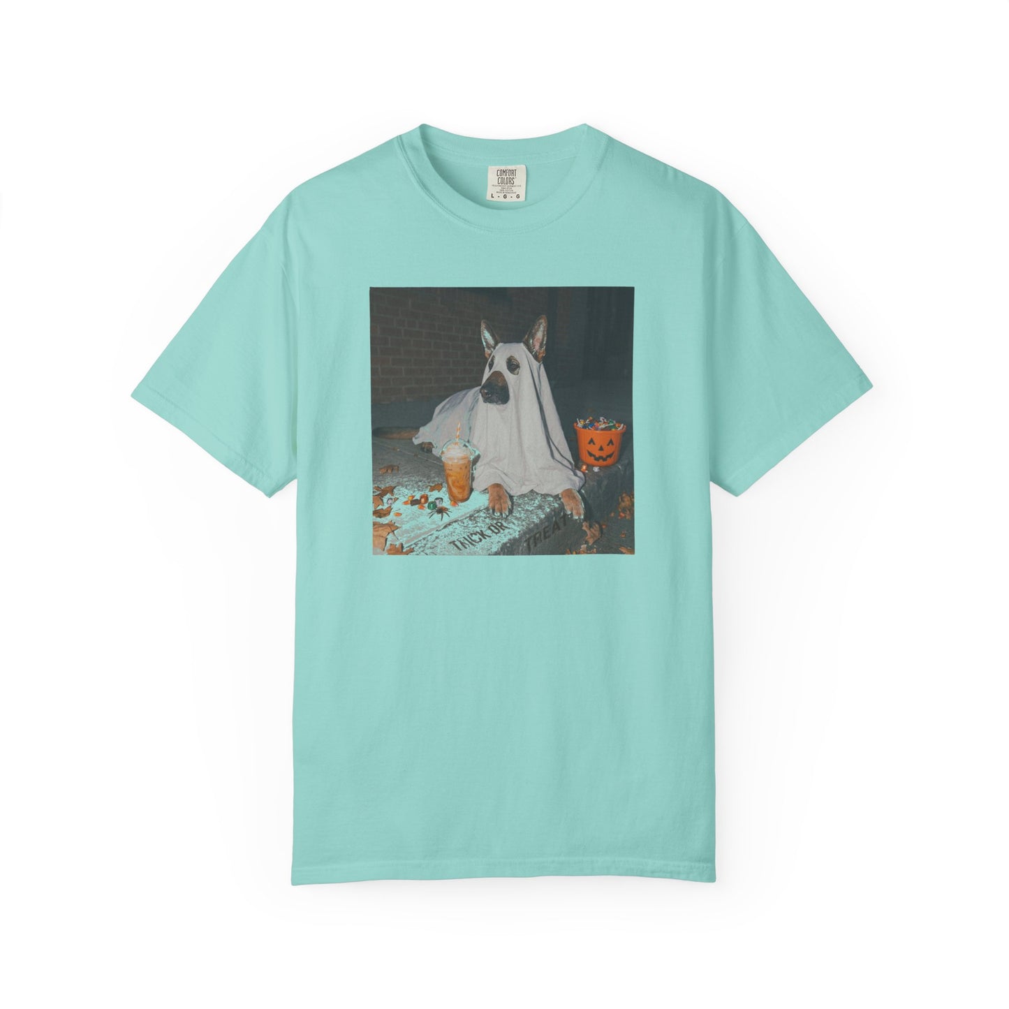 Chalky Miint garment-dyed t-shirt with German Shepherd in ghost costume jack-o'-lantern treat bucket — Halloween ghost dog tee by GodaStudio