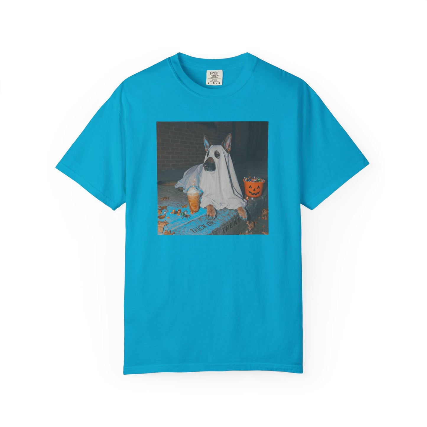 Sapphire garment-dyed t-shirt with German Shepherd in ghost costume jack-o'-lantern treat bucket — Halloween ghost dog tee by GodaStudio