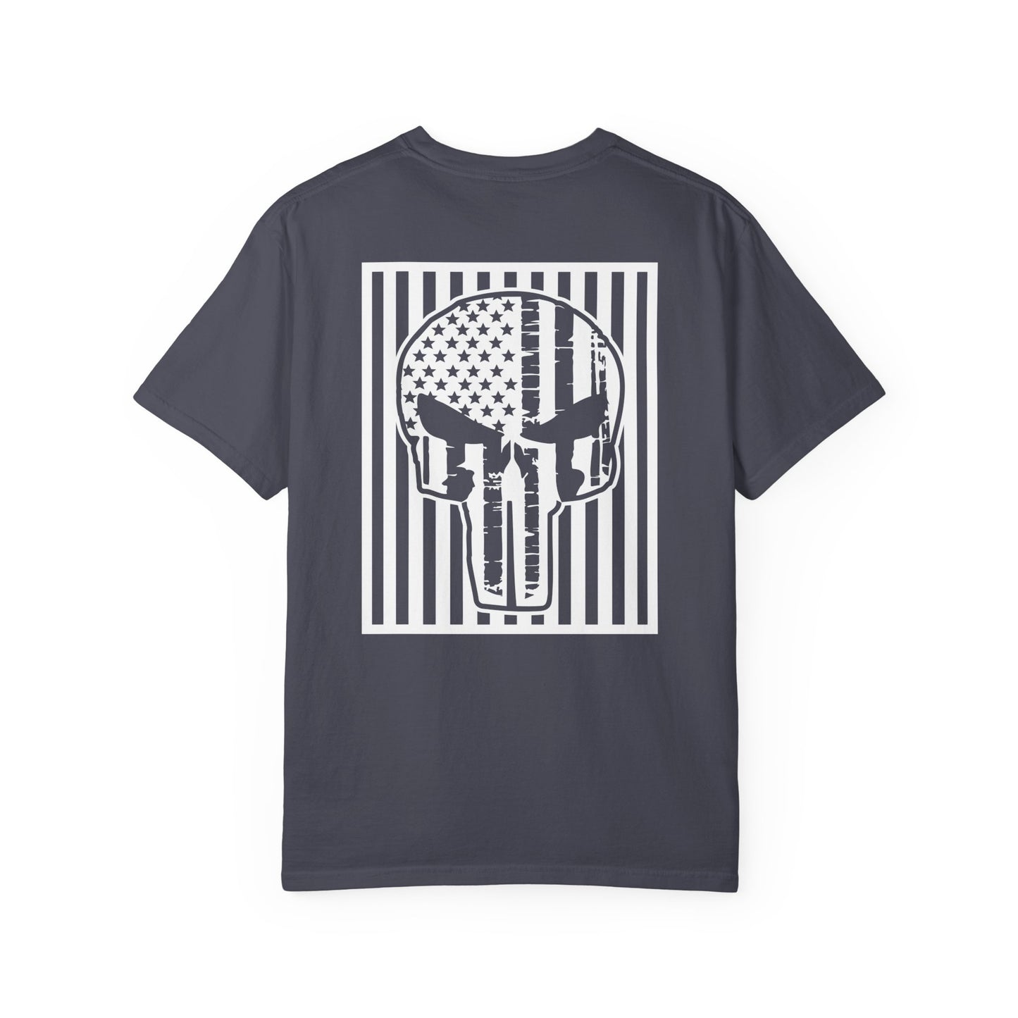 navy t-shirt with white star and circle design on front, and Punisher skull design on back