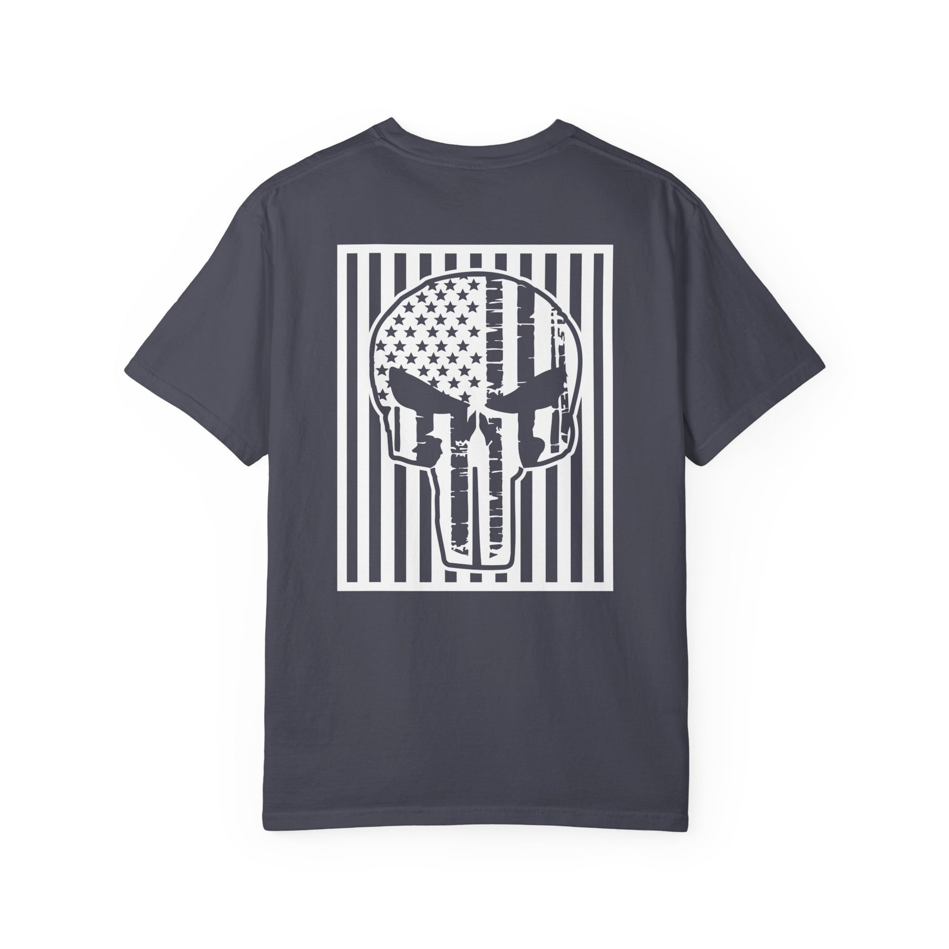 navy t-shirt with white star and circle design on front, and Punisher skull design on back