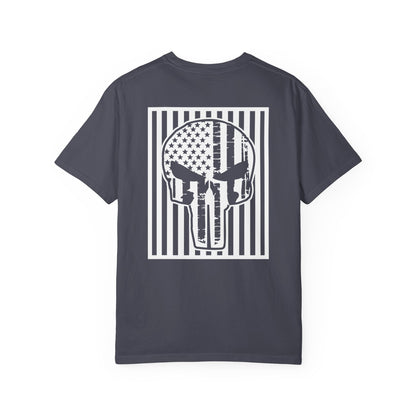 navy t-shirt with white star and circle design on front, and Punisher skull design on back