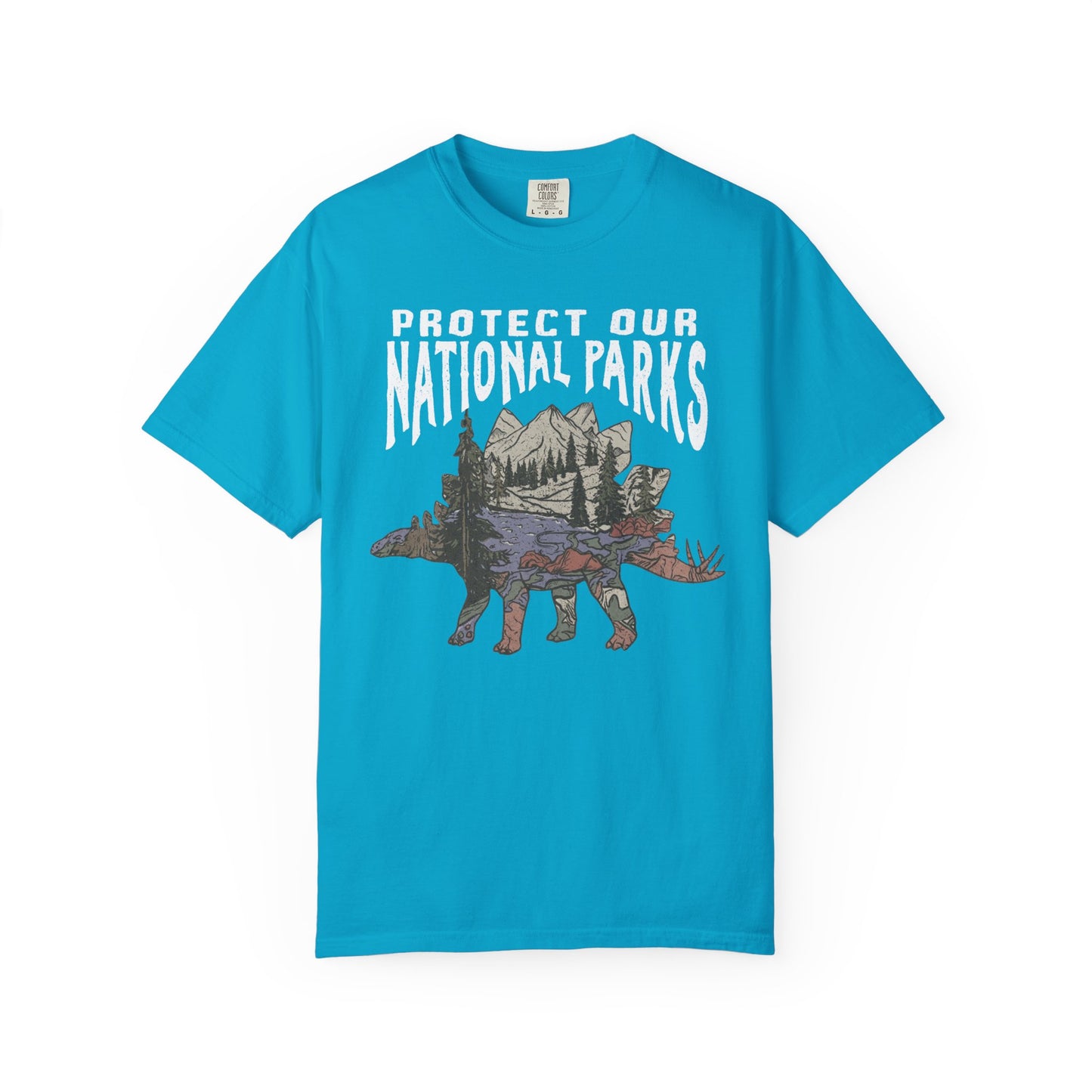 Protect Our National Parks garment-dyed t-shirt in Sapphire — vintage stegosaurus graphic with mountain landscape fill"