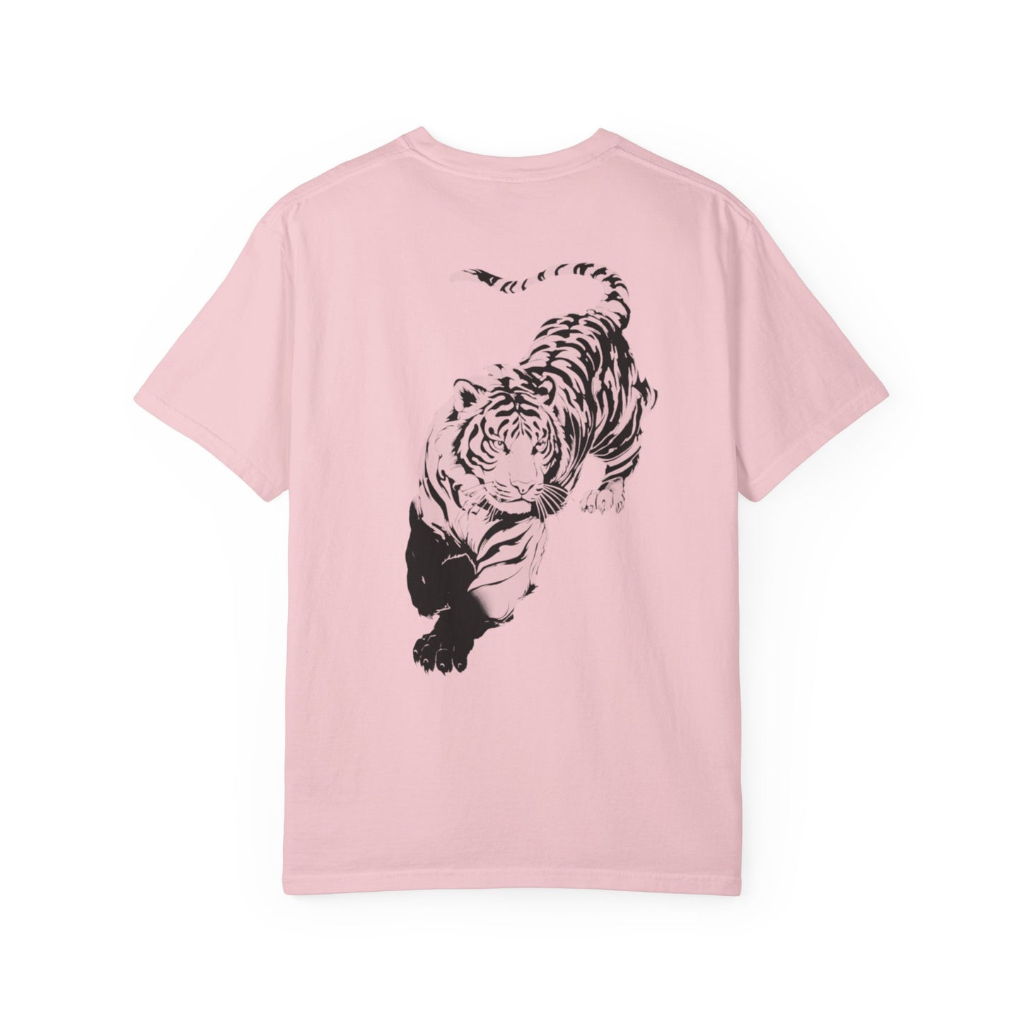 Tiger claw mark front and stalking tiger back graphic tee in BLOSSOM, heavyweight garment-dyed cotton