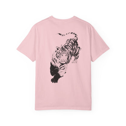 Tiger claw mark front and stalking tiger back graphic tee in BLOSSOM, heavyweight garment-dyed cotton